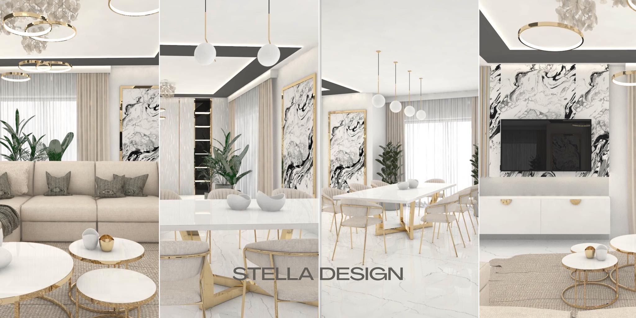 Wizualizacja wnętrza: salon z beżową sofą, stolikami kawowymi na dywanie, jadalnia z białym stołem i krzesłami z złotymi nogami, ściana z telewizorem i marmurowym wzorem, lampy wiszące, złote...