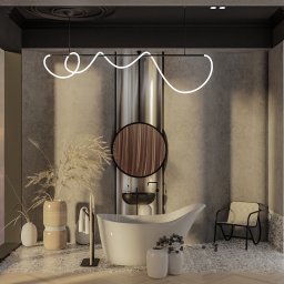 Jagartmeister - Nowoczesna łazienka z wolnostojącą wanną, okrągłym lustrem i dekoracyjnym oświetleniem neonowym nad wanną, uzupełniona minimalistycznym krzesłem z rattanu.