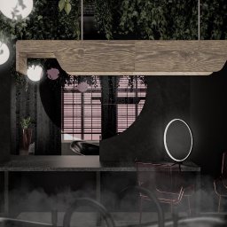 Jagartmeister - Nowoczesna łazienka z czarnymi ścianami, drewnianą belką oświetleniową i okrągłym lustrem z podświetleniem LED, uzupełniona wiszącymi roślinami.