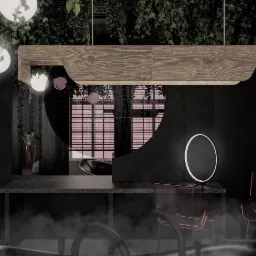 Nowoczesna łazienka z czarnymi ścianami, drewnianą belką oświetleniową i okrągłym lustrem z podświetleniem LED, uzupełniona wiszącymi roślinami.