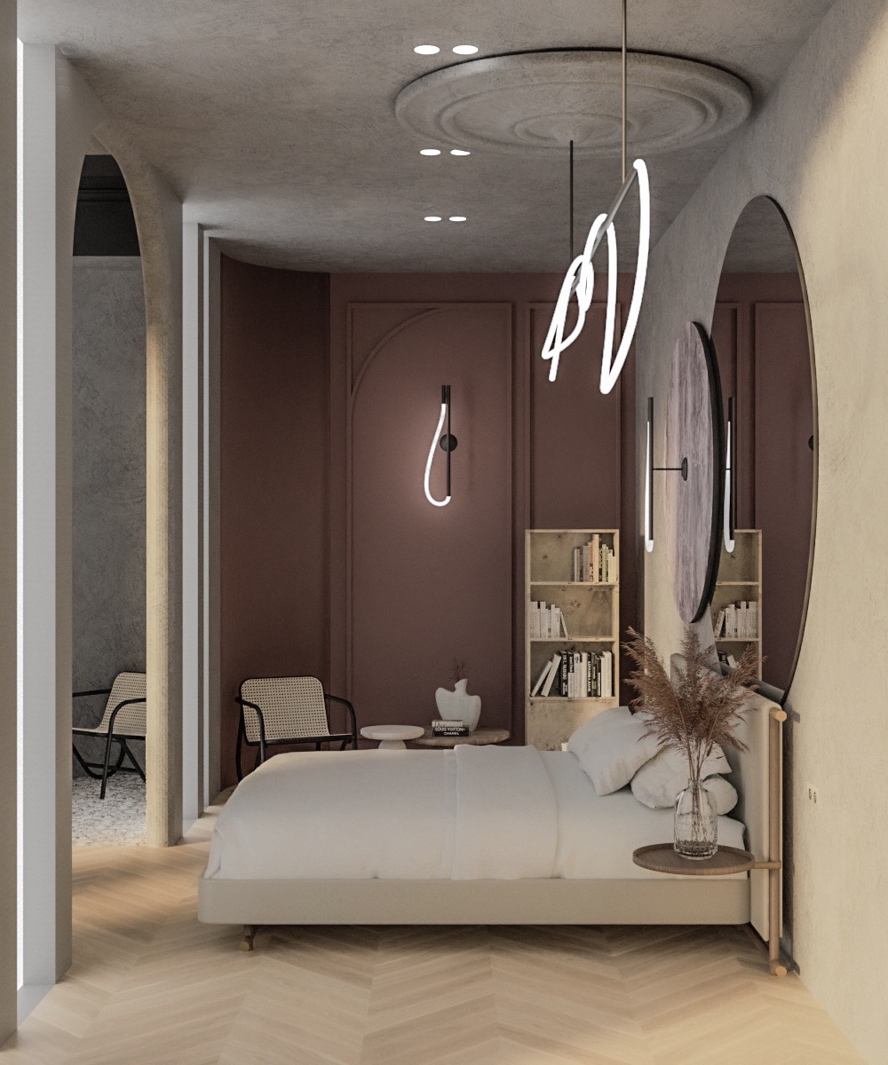 Nowoczesna sypialnia z beżową paletą barw, drewnianą podłogą w jodełkę, okrągłym lustrem i abstrakcyjnym oświetleniem LED.