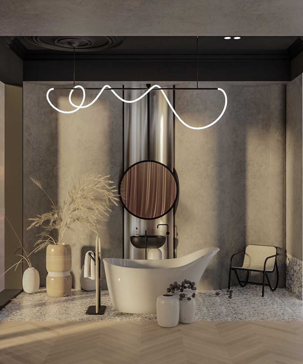 Nowoczesna łazienka z wolnostojącą wanną, okrągłym lustrem i dekoracyjnym oświetleniem neonowym nad wanną, uzupełniona minimalistycznym krzesłem z rattanu.