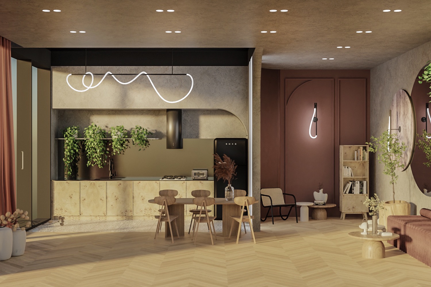 Wnętrze otwartej przestrzeni: kuchnia z wyspą, jadalnia i salon w ciepłych, naturalnych kolorach. Dekoracyjne oświetlenie LED, drewniana podłoga w jodełkę, rośliny doniczkowe i meble w stylu retro...