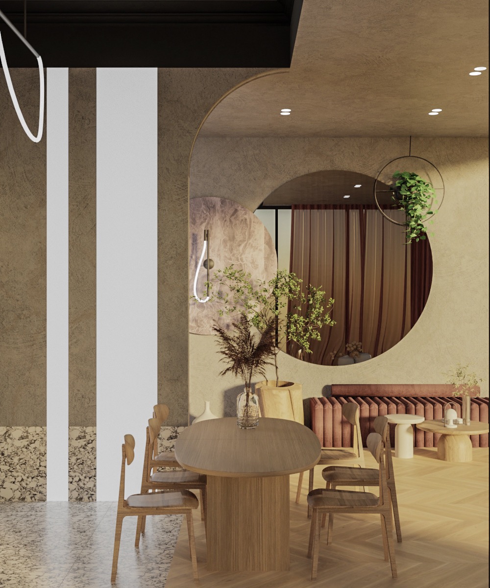 Wizualizacja jadalni z okrągłym stołem z drewna, krzesłami z jasnego drewna, dekoracyjną ścianą z okrągłym lustrem i roślinami, w neutralnej kolorystyce.