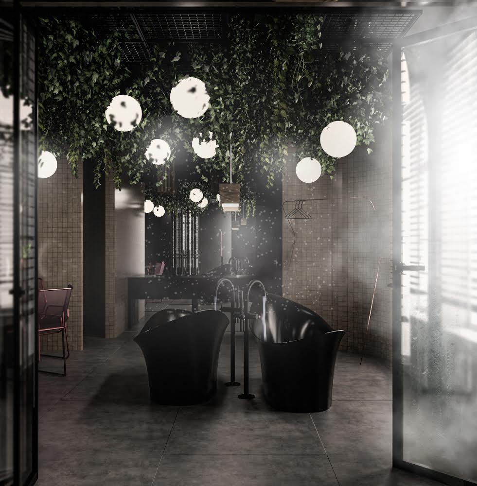 Nowoczesna łazienka z dwiema czarnymi wannami wolnostojącymi, oświetlona wiszącymi kulami i roślinnością zwisającą z sufitu, widok przez przeszklone drzwi z rozproszonym światłem.