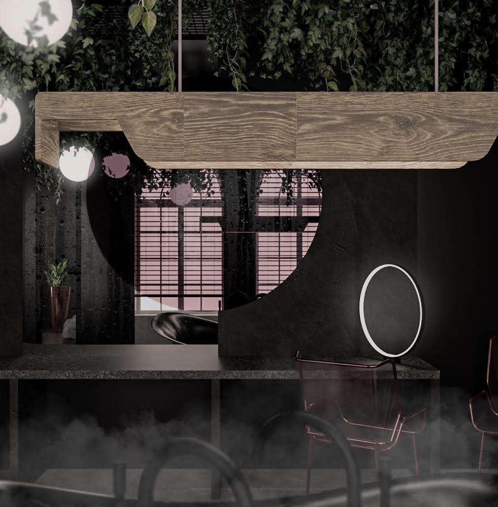 Nowoczesna łazienka z czarnymi ścianami, drewnianą belką oświetleniową i okrągłym lustrem z podświetleniem LED, uzupełniona wiszącymi roślinami.