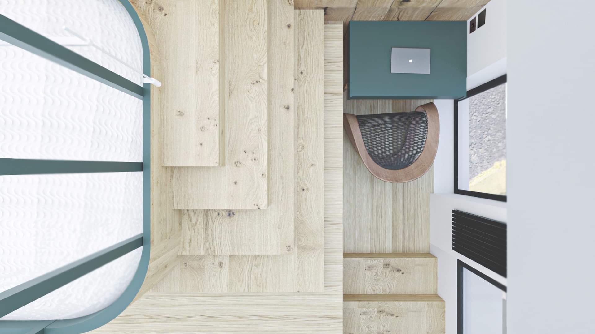 Wizualizacja biura z drewnianą podłogą, biurkiem w kolorze morskim i krzesłem z plecionki, widok z góry.