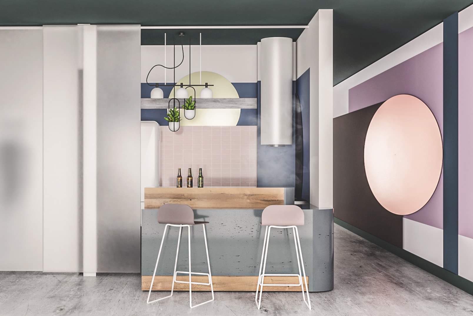 Nowoczesna kuchnia z wysokim blatem, dwoma hokerami z białymi nogami, różową mozaiką na ścianie, wiszącymi lampami z roślinami i dekoracyjnym okrągłym lustrem na ścianie w geometryczne wzory.