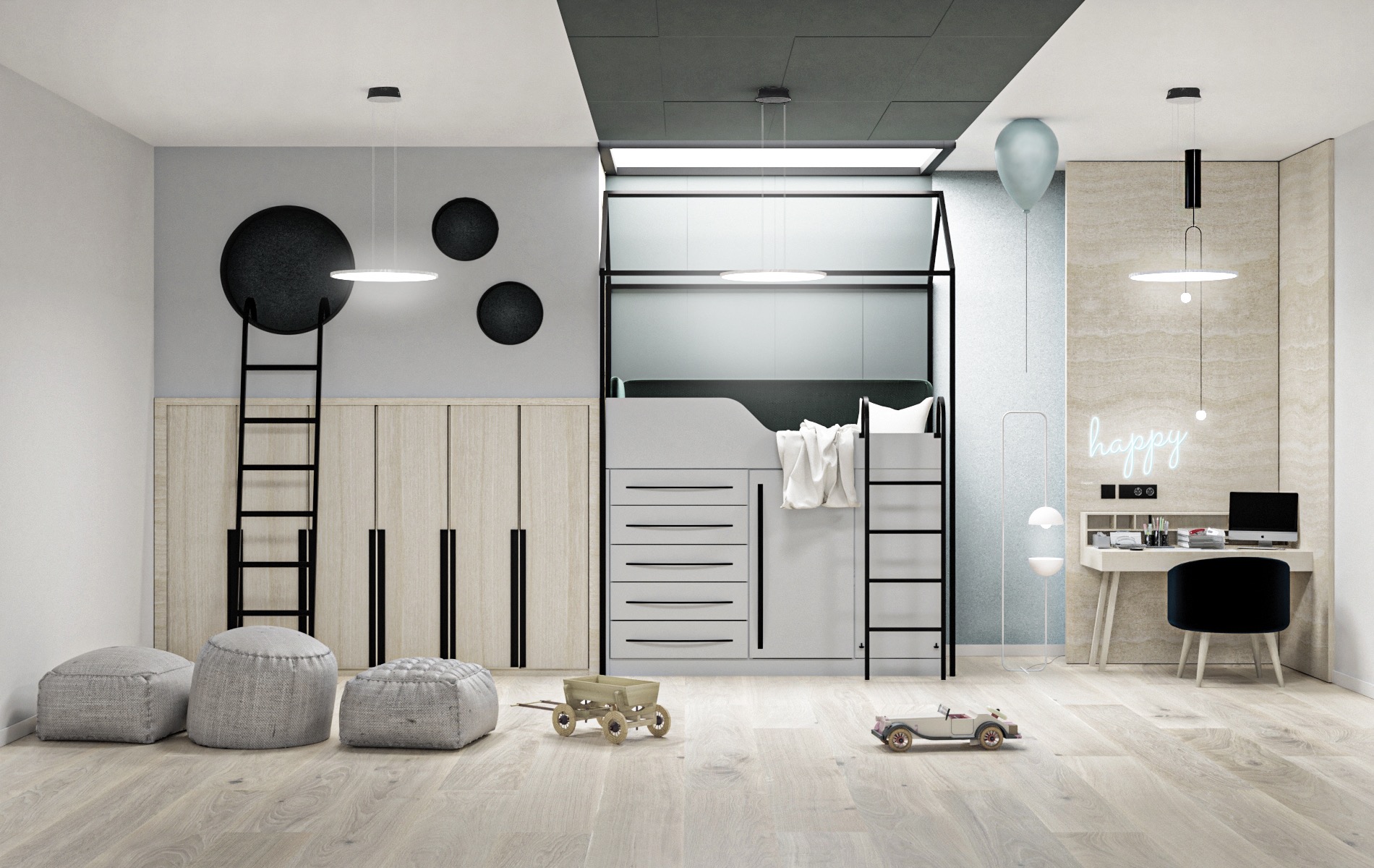 Nowoczesny pokój dziecięcy z łóżkiem piętrowym, biurkiem, szafą i szarymi pufami na jasnej drewnianej podłodze. Na ścianie czarne okrągłe dekoracje i neon 'happy'.