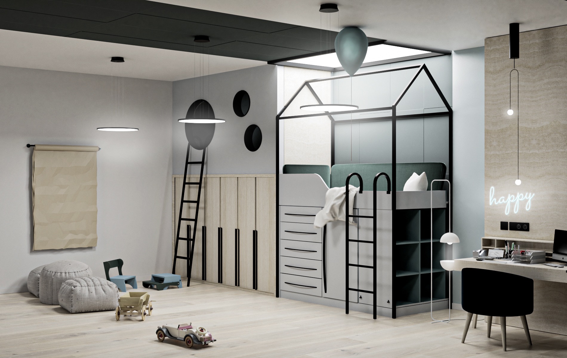 Pokój dziecięcy w nowoczesnym stylu z łóżkiem piętrowym w kształcie domku, drabinką, biurkiem z neonowym napisem 'happy', dekoracyjnymi lampami i zabawkami vintage.