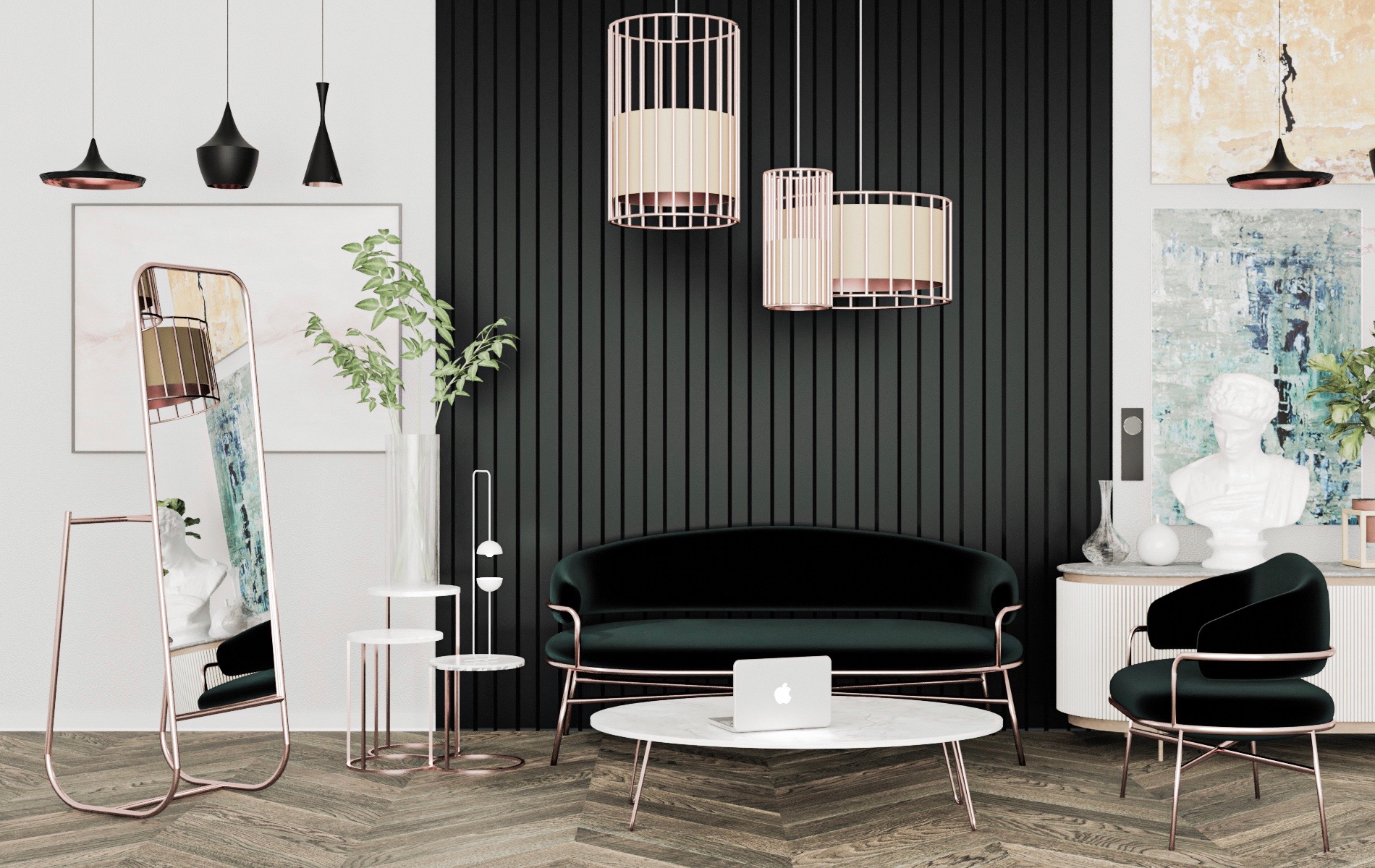 Wizualizacja salonu z ciemnozieloną sofą i fotelem na tle ściany z pionowych paneli, uzupełniona o stolik kawowy z laptopem, lustro w złotej ramie i oświetlenie w stylu art deco.