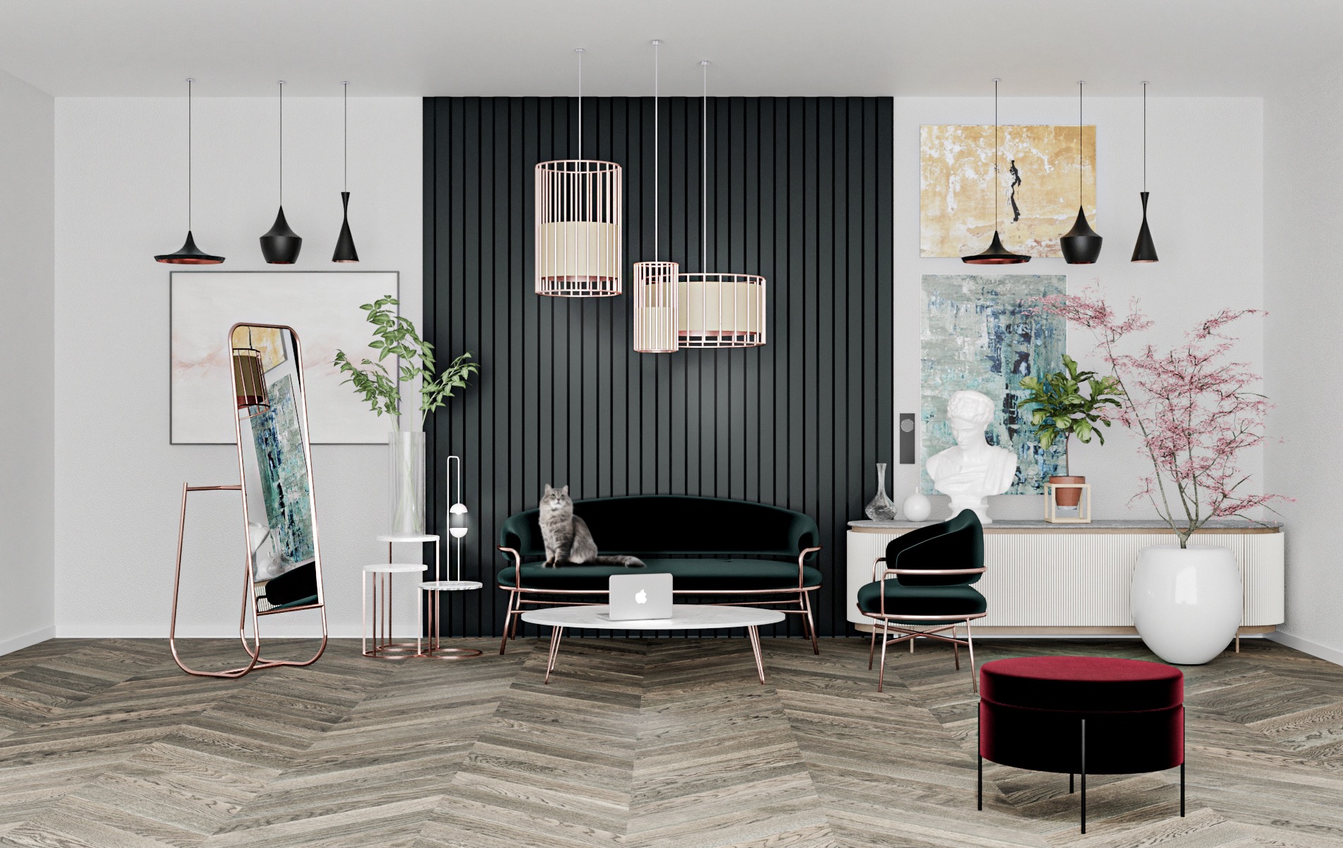 Elegancki salon z ciemnozieloną sofą, marmurowym stolikiem kawowym z laptopem, szarą pręgowaną kotką siedzącą na sofie, oraz dekoracyjnymi lampami wiszącymi i sztuką na ścianach.