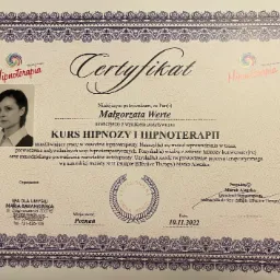 Certyfikat ukończenia kursu hipnozy i hipnoterapii dla Małgorzaty Werte, wydany przez SPA Dla Umysłu Maria Baranowska, Poznań, 10.11.2022, z logo Hipnoterapia Marka Aleszko.
