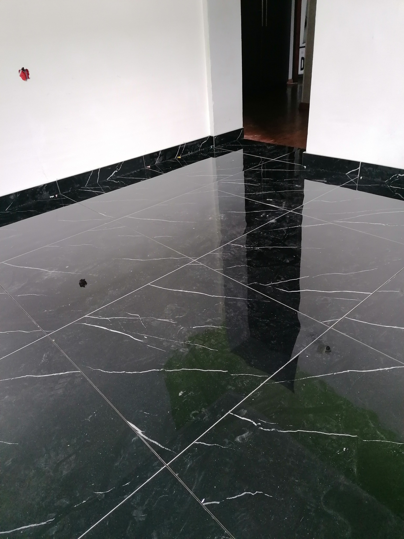 Błyszcząca, czarna marmurowa podłoga z białymi żyłkami, widok na białe ściany i otwarte drzwi do ciemnego pomieszczenia, kabel elektryczny wystający ze ściany.