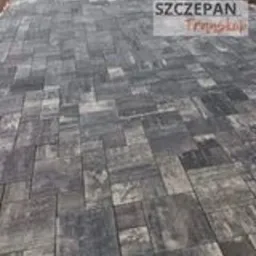 Świeżo ułożona, szara kostka brukowa o nieregularnym wzorze, widok z góry, lekko pochmurne oświetlenie, w tle niewyraźny teren zielony. Na kostce widoczny znak wodny firmy.