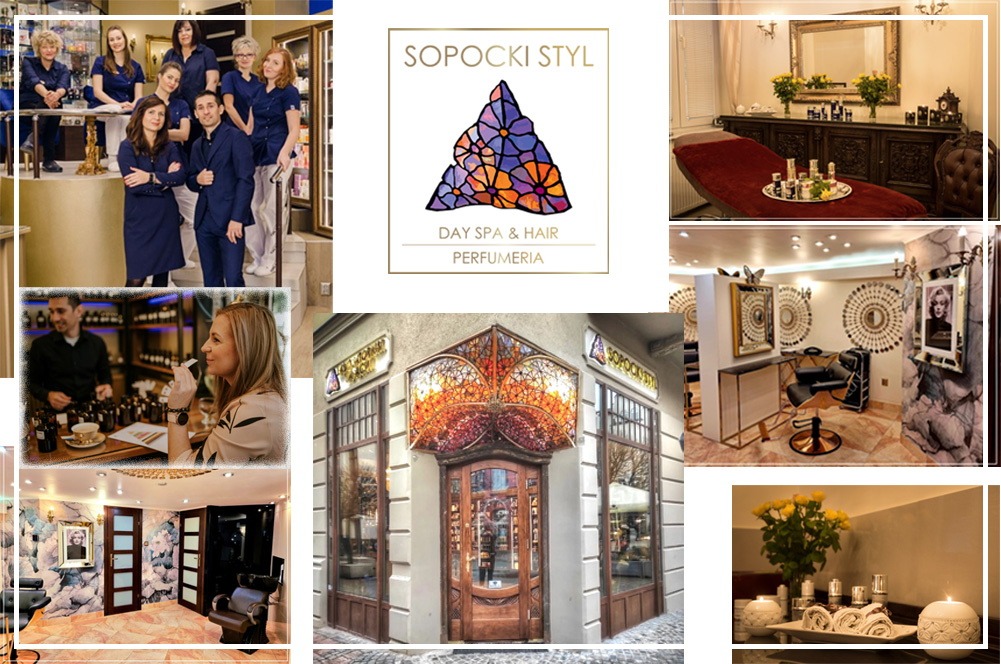 Kolaż zdjęć prezentujących wnętrze i personel salonu spa i perfumerii 'Sopocki Styl', w tym zespół w granatowych uniformach, klientkę testującą perfumy, wejście do salonu z witrażem oraz gabinety...