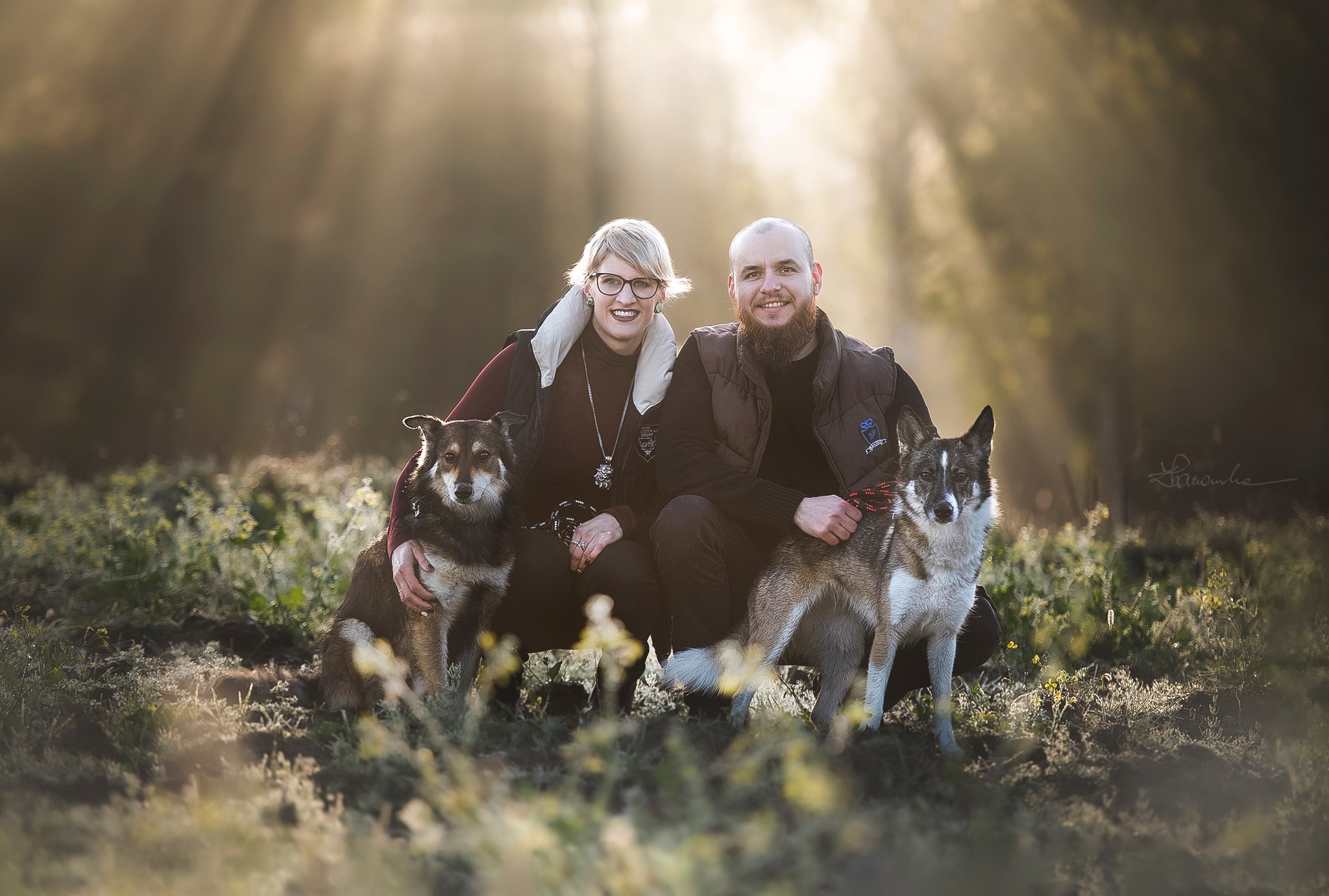 Uśmiechnięta para w kurtkach pozuje z dwoma psami rasy husky na łące w promieniach porannego słońca.