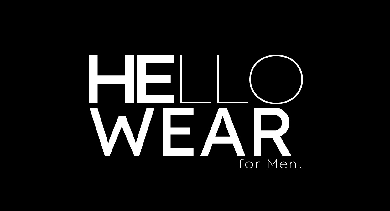 Minimalistyczne logo 'HELLO WEAR for Men' w bieli na czarnym tle, z okrągłym elementem w miejscu litery 'O'.