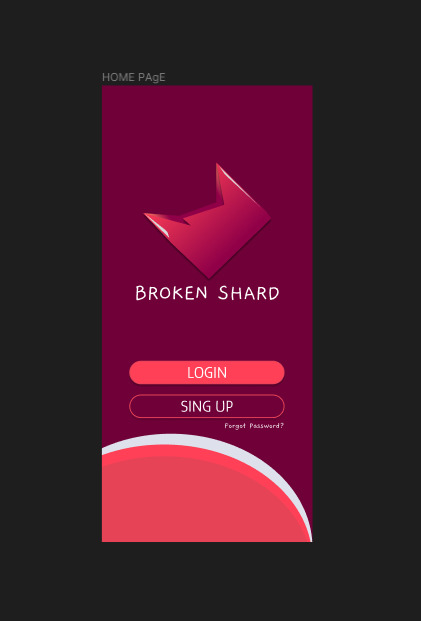 Propozycja strony logowania do aplikacji mobilnej Broken Shard z gradientowym logo w kształcie strzałki, przyciskami Login i Sing Up na purpurowym tle.