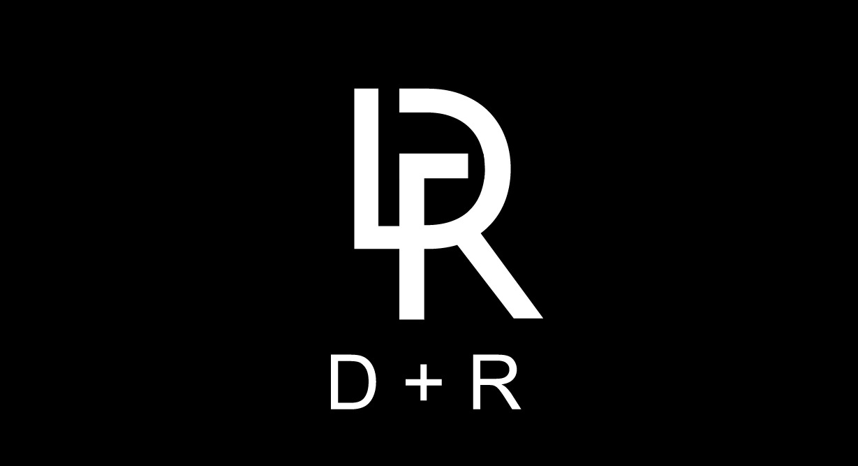 Minimalistyczne logo łączące litery L i R w jedną formę graficzną, poniżej napis D+R, wszystko w bieli na czarnym tle.