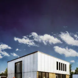 Wizualizacja nowoczesnego domu z białymi panelami elewacyjnymi, ceglanym cokołem i dużymi oknami, na tle błękitnego nieba z chmurami, z dziećmi puszczającymi latawce na trawniku.