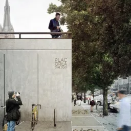 Wizualizacja placu miejskiego z betonową ścianą z napisem 'Plac Orła Białego', rowerami, drzewami i kościołem w tle, prezentująca koncepcję zagospodarowania przestrzeni publicznej.