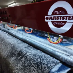 Automatyczna maszyna z logiem 'Pralnia Multisystem Dywanów' w trakcie czyszczenia dywanu, widoczne obracające się szczotki i piana.