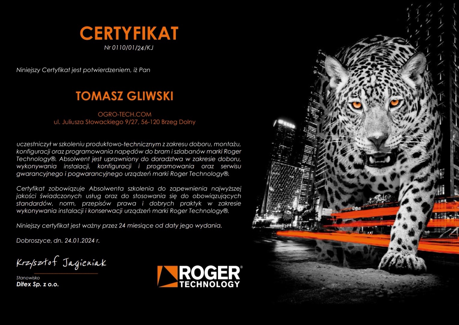 Certyfikat ukończenia szkolenia produktowo-technicznego z zakresu doboru, montażu, konfiguracji i programowania napędów do bram i szlabanów marki Roger Technology dla Tomasza Gliwskiego z OGRO-TECH...