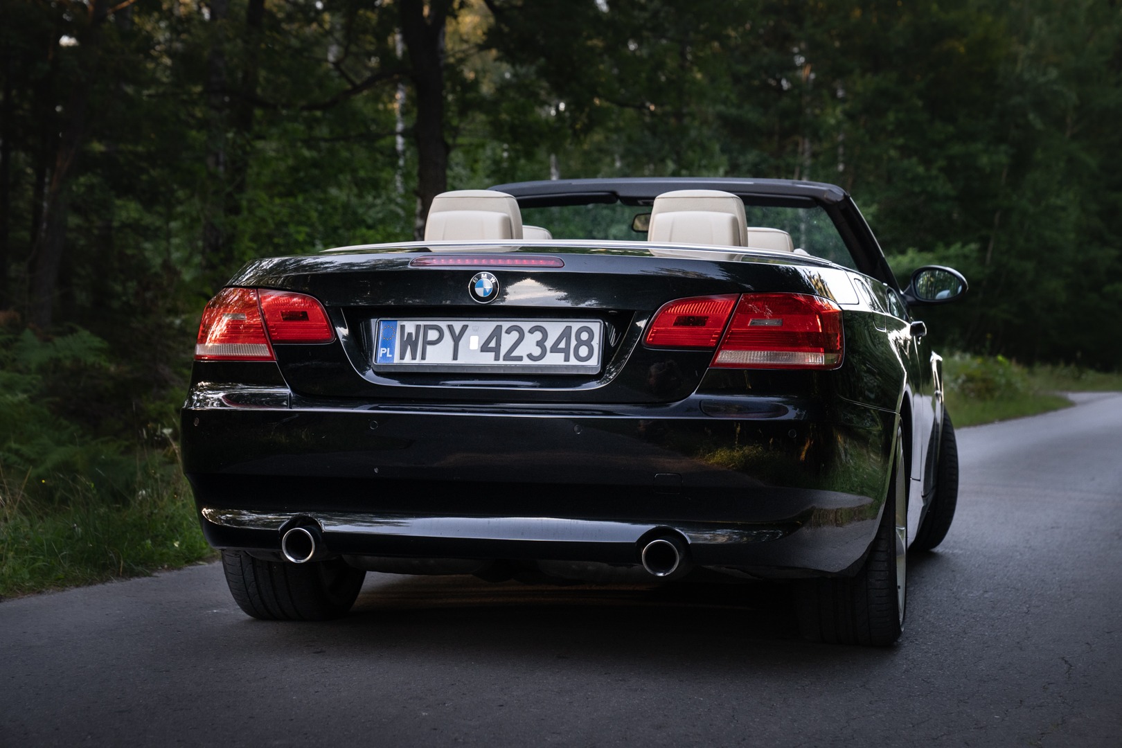Czarny kabriolet BMW z beżowymi skórzanymi siedzeniami sfotografowany z tyłu na asfaltowej drodze w lesie, widoczna tablica rejestracyjna WPY 42348.