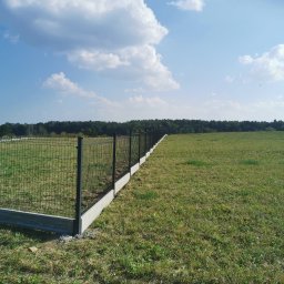 Montaż Bram i ogrodzeń Arendt Rafał - Długi, czarny system ogrodzeniowy z paneli na betonowej podmurówce, rozciągający się przez rozległe, zielone pole w kierunku lasu pod błękitnym niebem z białymi chmurami.