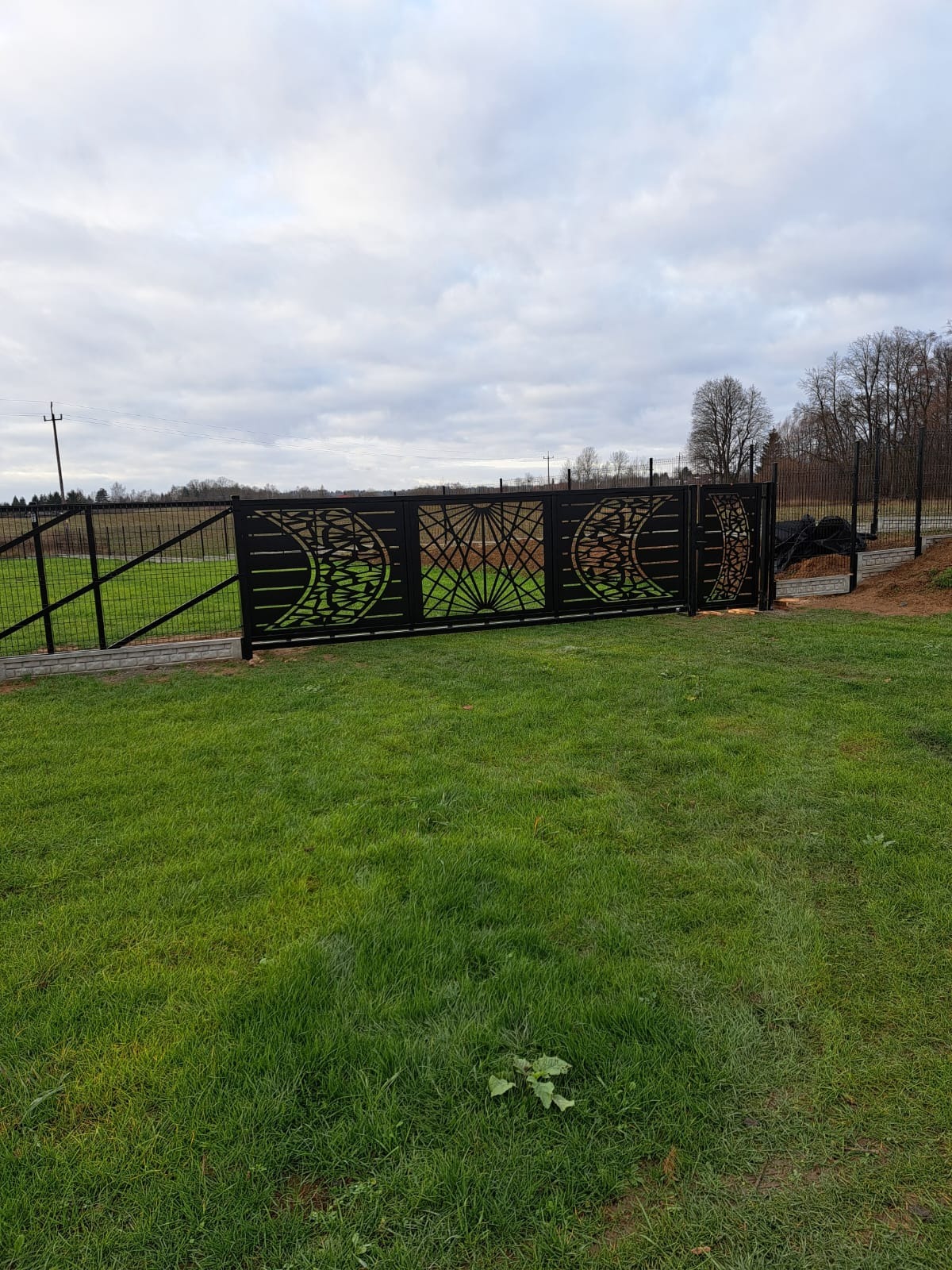 Nowoczesna, ażurowa brama wjazdowa z metalu w kolorze czarnym, z geometrycznymi wycięciami, zamontowana na tle zielonego trawnika i pochmurnego nieba.