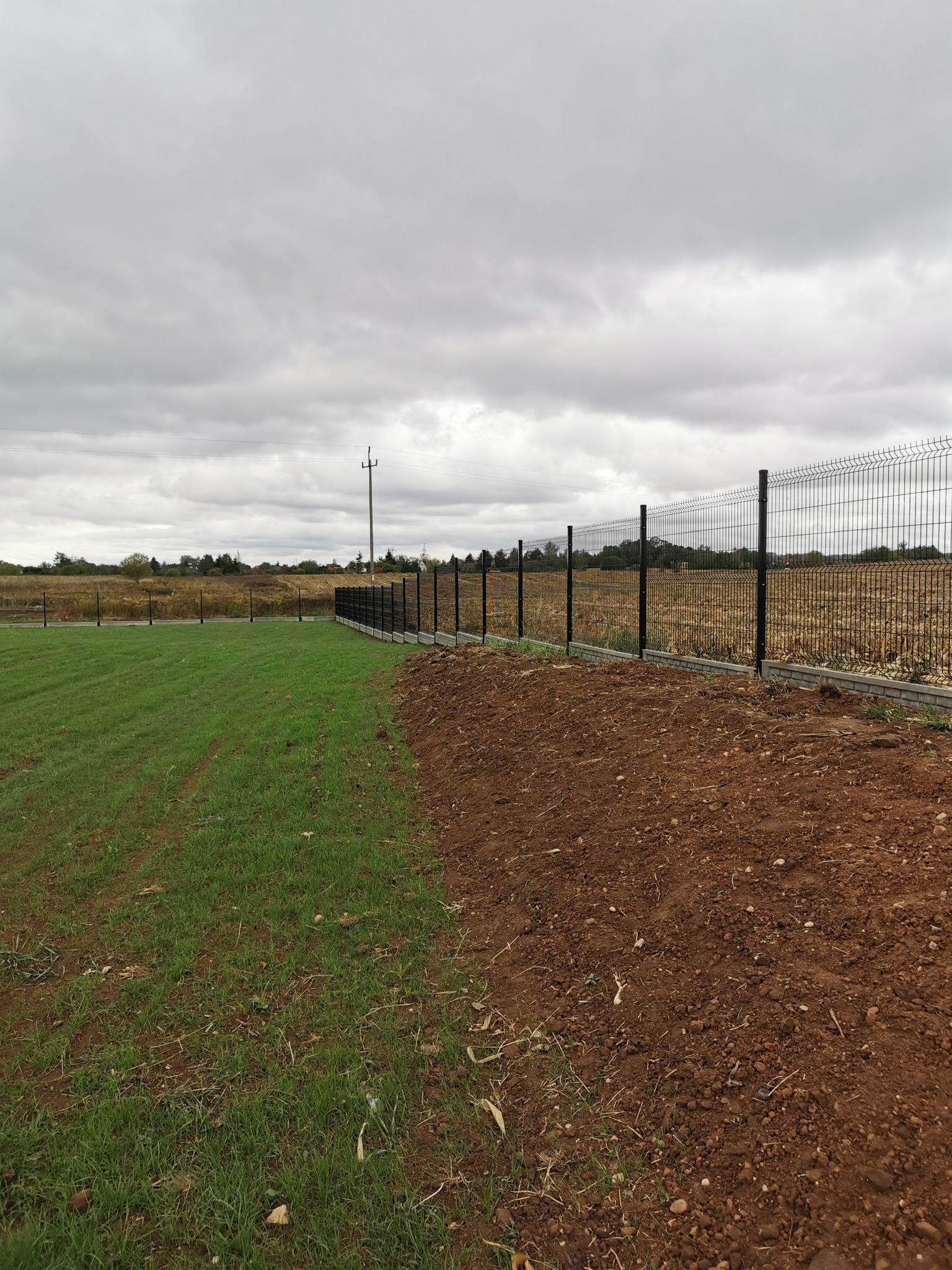 Nowo postawione, czarne ogrodzenie z paneli na betonowej podmurówce oddziela świeżo posianą trawę od brązowej ziemi uprawnej pod pochmurnym niebem.