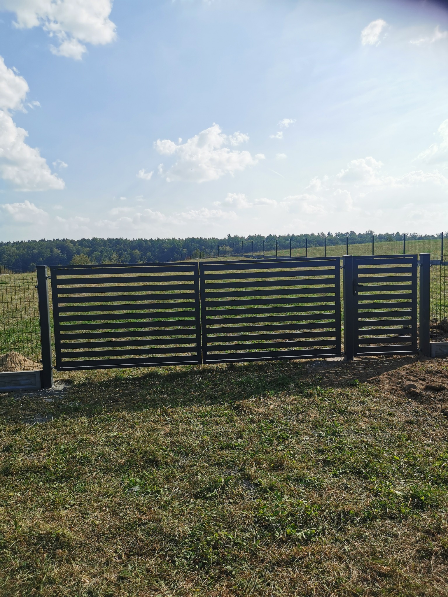 Nowoczesna, pozioma, grafitowa brama wjazdowa z furtką, widok z zewnątrz na tle łąki i lasu, brama zamontowana na betonowej podmurówce, dodatkowo widoczna siatka ogrodzeniowa.