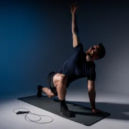 Mężczyzna w czarnym stroju sportowym wykonuje dynamiczne rozciąganie na szarej macie, unosząc jedną rękę ku g&oacute;rze; w tle dwukolorowe oświetlenie i skakanka.