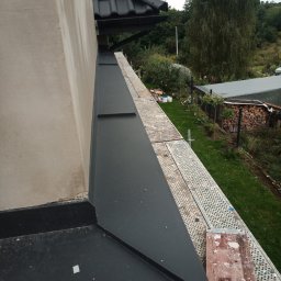 Dominik - Fragment elewacji budynku z widocznymi obróbkami blacharskimi i fragmentem rusztowania na tle ogrodu z drzewami.