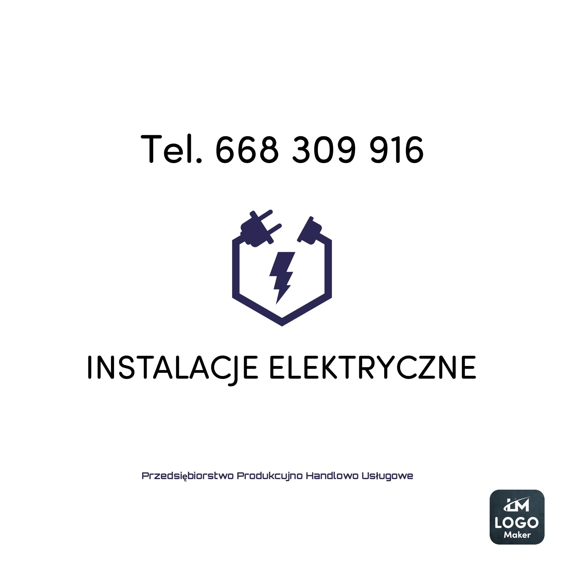 Logo firmy z numerem telefonu i symbolem błyskawicy w gnieździe, oferującej usługi elektryczne.