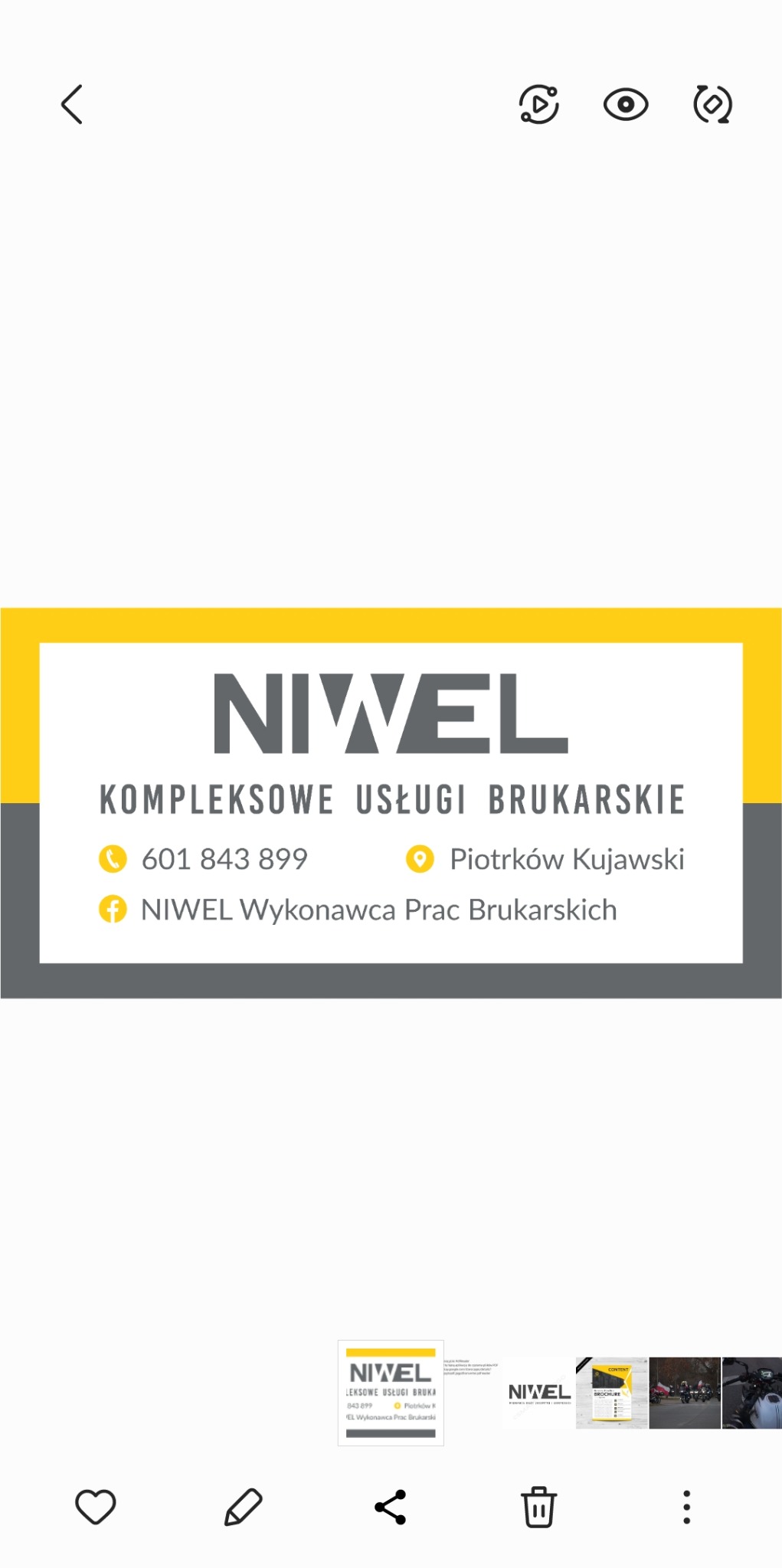 Wizytówka firmy NIWEL oferującej kompleksowe usługi brukarskie, z numerem telefonu 601 843 899 i lokalizacją Piotrków Kujawski, prezentowana na białym tle.