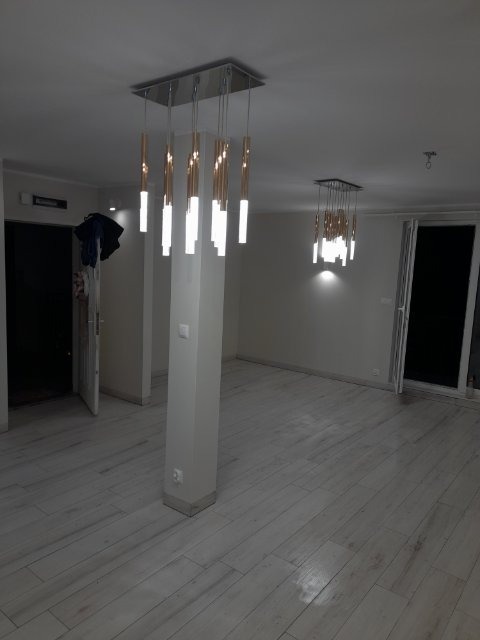 Przestronne wnętrze z dwoma nowoczesnymi lampami wiszącymi o cylindrycznych kloszach, podłoga wyłożona jasnymi panelami imitującymi drewno, widoczny fragment kolumny nośnej i otwarte drzwi.