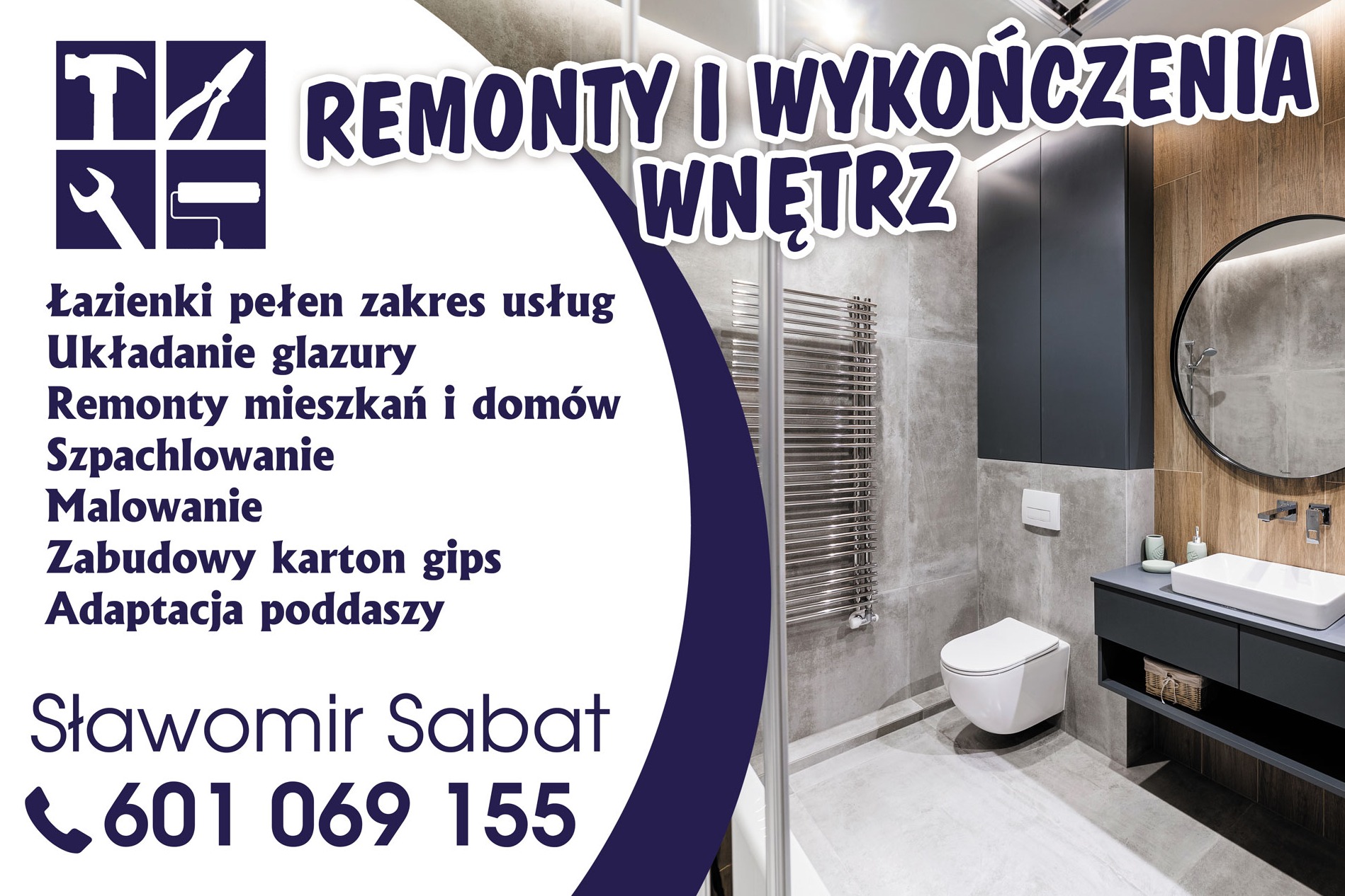 Grafika reklamowa firmy Sławomir Sabat z wizualizacją nowoczesnej łazienki z szarą glazurą, wiszącą toaletą, grzejnikiem drabinkowym i okrągłym lustrem nad umywalką.