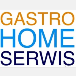 Logo firmy Gastro Home Serwis z napisem w trzech rzędach: GASTRO (pomarańczowy), HOME (jasnoniebieski), SERWIS (ciemnoniebieski) na białym tle.
