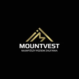 Złote logo firmy Mountvest na czarnym tle, z hasłem 'Najwyższy poziom zaufania'.