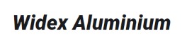 Logo firmy Widex Aluminium w kolorze czarnym na białym tle.