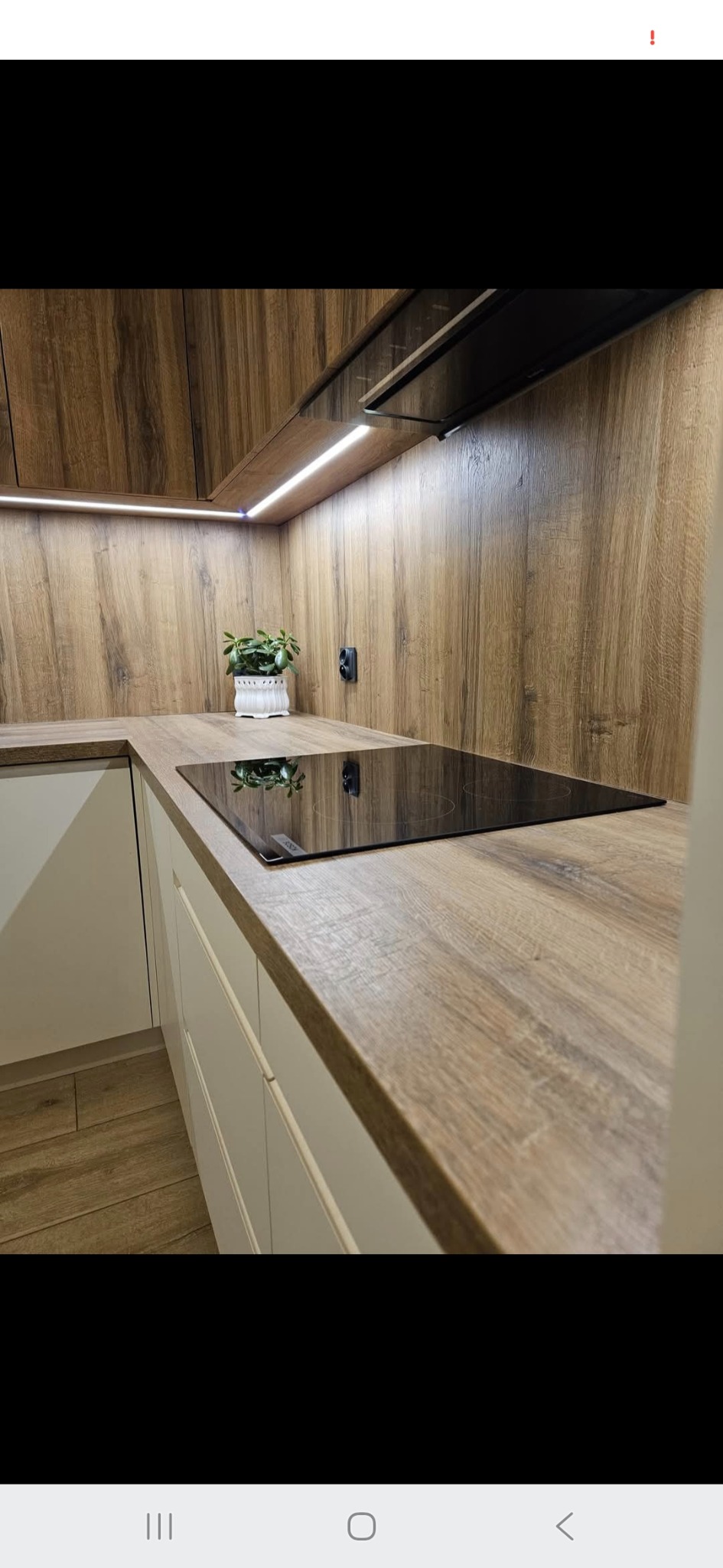 Nowoczesna kuchnia z drewnianymi frontami i blatem, czarna płyta indukcyjna, oświetlenie LED pod szafkami, roślina doniczkowa. Minimalistyczny design.