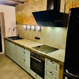 Kuchnia w stylu rustykalnym z szarymi szafkami, betonowym blatem, czarnym zlewem i baterią, płytą indukcyjną, piekarnikiem oraz czarną lodówką retro. Na ścianie widoczna cegła i lampy w stylu...