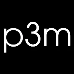 Białe litery 'p3m' na czarnym tle, minimalistyczne logo firmy.