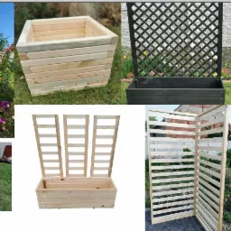 Kompilacja zdjęć drewnianych donic i konstrukcji ogrodowych: wysokie donice z kratownicami, skrzynie na rośliny w różnych kolorach i stylach, oraz obudowa kompostownika ze szklanym wiekiem.