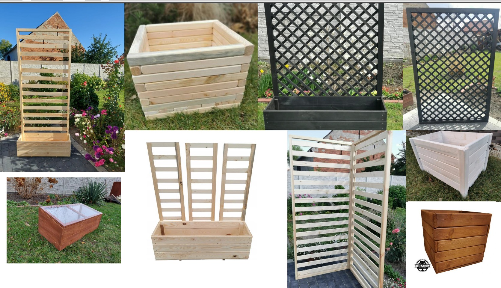 Kompilacja zdjęć drewnianych donic i konstrukcji ogrodowych: wysokie donice z kratownicami, skrzynie na rośliny w różnych kolorach i stylach, oraz obudowa kompostownika ze szklanym wiekiem.
