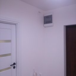 Dobre Wnętrze - Wnętrze po odświeżeniu: białe ściany, nowa biała drzwi z poziomymi przeszkleniami i czarną klamką, skrzynka elektryczna na ścianie, gniazdko z przewodem i kranik.