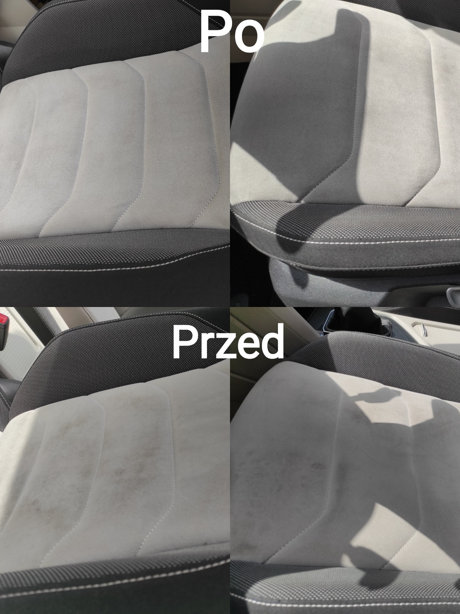 Czyszczenie tapicerki samochodowej w Kutnie: porównanie efektu przed i po, widoczne różnice w czystości jasnoszarego materiału na fotelu.