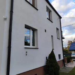 Elewacja dwukondygnacyjnego domu z białym tynkiem, brązowym cokołem i ciemnymi rynnami, z widocznymi oknami i małym drzewkiem iglastym przy ścianie, oraz psem na chodniku w tle.